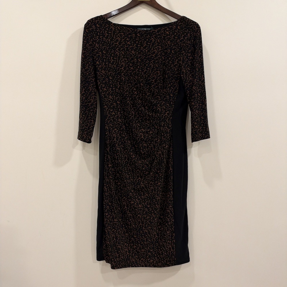 Lauren Ralph Lauren Dress Sheath Animal Print Draped Black Brown 3/4 Sleeve 12